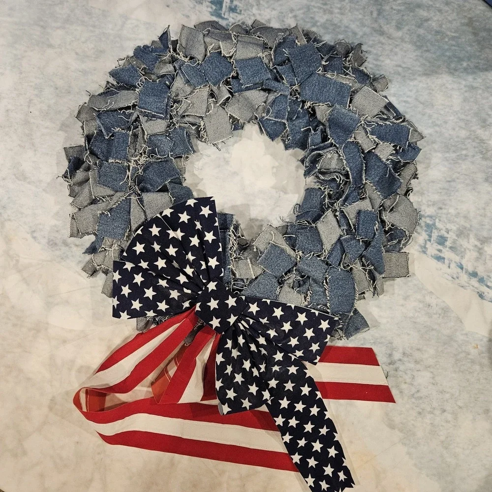 Handmade Denim Wreath Patriotic Americana Red White Blue Rustic Wall Decor